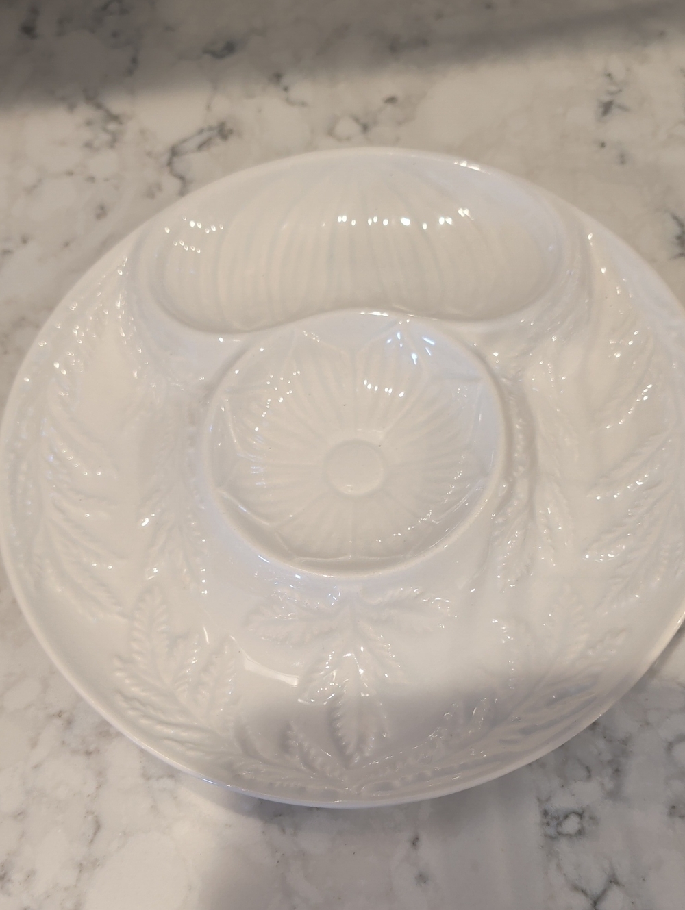 Vintage White Embossed Ceramic Serving Bowl -